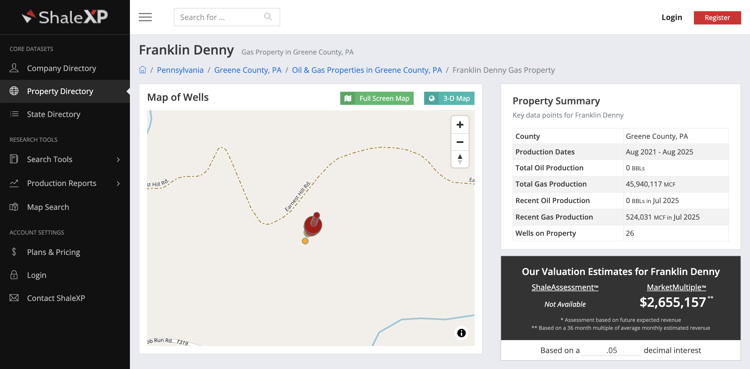 A screenshot of the production report for the Franklin Denny well pad in the ShaleXP reporting database. A screenshot of the production report for the Franklin Denny well pad in the ShaleXP reporting database.